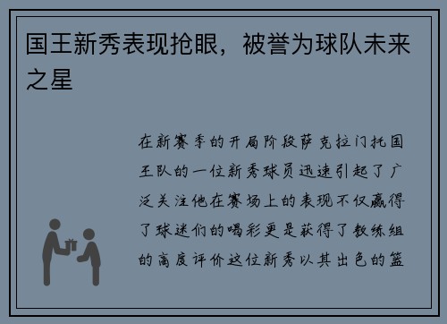 国王新秀表现抢眼，被誉为球队未来之星