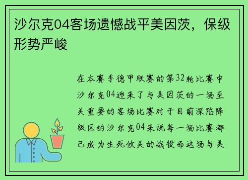 沙尔克04客场遗憾战平美因茨，保级形势严峻